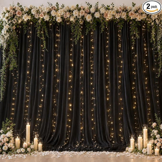 Ledido 10×10ft Black Tulle Backdrop Curtains with Lights String - 300LED Fairy Lights Sheer Curtain Backdrop for Wedding Baby Shower Photo Shoot Birthday Party Decoration(2 Panels 5×10ft)，Black