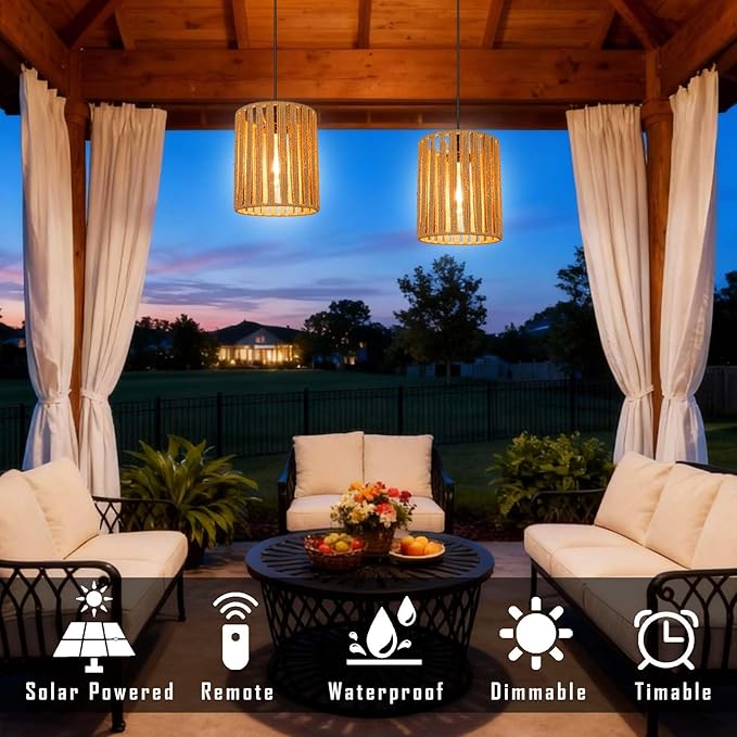 Solar Chandelier Outdoor, Waterproof Hanging Solar Lights with Remote Control, Auto On/Off for Garden, Gazebo, Pergola, Patio, Porch, Balcony(Cilinder-Shaped)