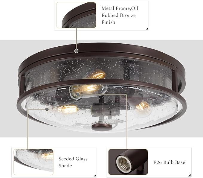 16 Inch Large Flush Mount Ceiling Light Fixture with Seeded Glass, Bronze Round Ceiling Lamp Shade, Modern Farmhouse Indoor Outdoor Ceiling Lighting for Kitchen Dining Living Room Foyer