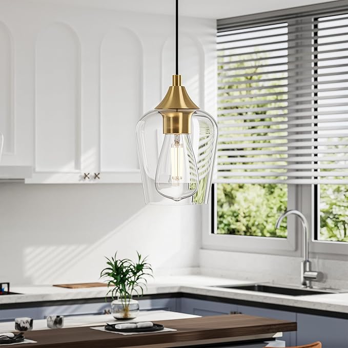VONLUCE Pendant Lights Kitchen Island, Brushed Gold Pendant Light Fixtures with E26 Base & Adjustable Cable, Modern Pendant Lighting with Glass Shade for Living Room Bedroom Hallway, 5-Light