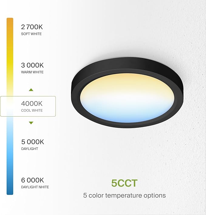 ASD LED 5" Round Flush Mount Ceiling Light Fixture, Low Profile Surface Lighting | 5CCT, Dimmable, Ultra-Thin, ETL Listed | 10W 700LM 2700-6000K 120V | Kitchen, Bedroom, Hallway Lamp | Black, 12 Pack