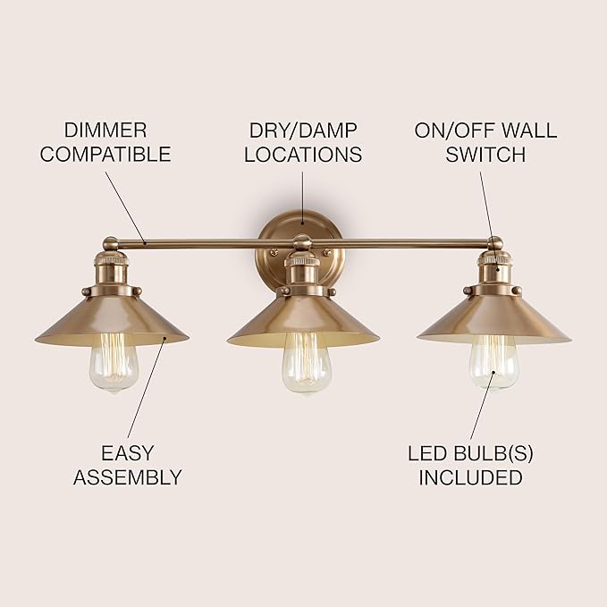 JONATHAN Y 26.5" Brass Gold 3-Light Industrial Farmhouse Metal Vanity Light Wall Sconce, Metal Shade for Bathroom Mirror, Kitchen, Entryway, LED Bulb Included (JYL7431A)