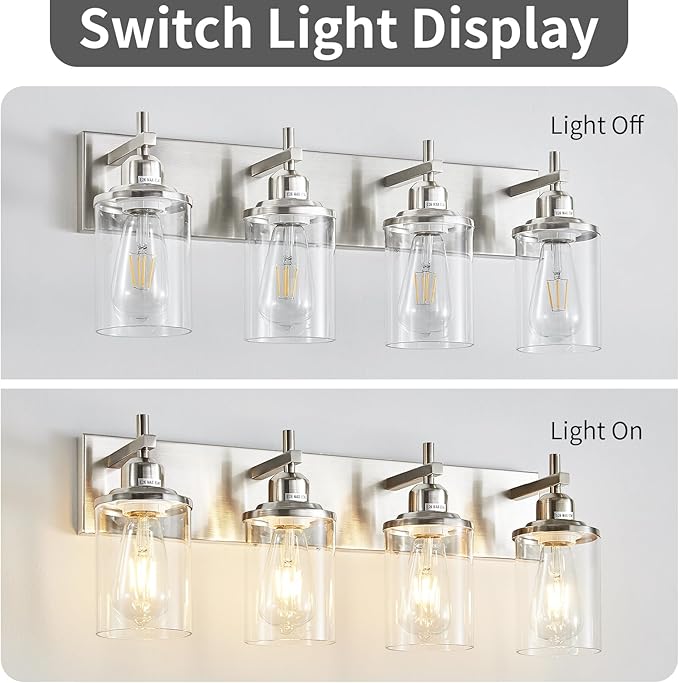 Lanhall 4-Light Brushed Nickel Bathroom Light Fixture Over Mirror Modern Bathroom Vanity Light Vintage Wall Lighting with Clear Glass Shade for Bathroom, Bedroom, Hallway, Cabinet