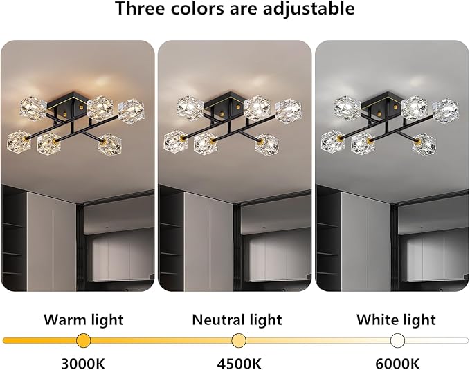 Semi Flush Mount Ceiling Light Fixture,6-Light Modern Crystal Chandeliers,Black and Gold Farmhouse Lighting Fixtures for Dining Room Living Room Kitchen Bedroom Entryway