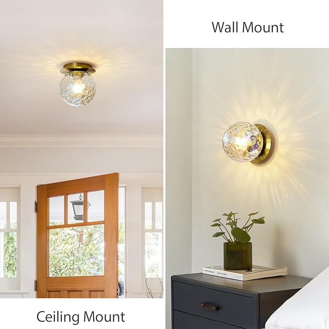 Modern Glass Globe Wall Sconce: Gold Spherical Sconces Light with Hammered Stained Glass Shade - Small Brass Vanity Single Ball Lights Fixture - Contemporary Wall Mounted Lamp for Bedroom Living Room
