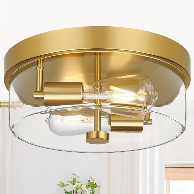 Flush Mount Ceiling Light Fixtures, 2-Light Gold Ceiling Mount for Farmhouse with Clear Glass Lampshade, Industrial Flush Mount Light Fixture Farmhouse for Hallway, Kitchen, Entryway and Foyer