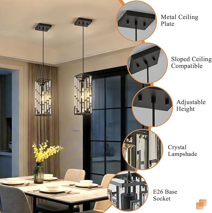 Black Pendant Lights Kitchen Island, Adjustable Modern Pendant Light Fixtures 1 Pack, Mini Crystal Chandeliers for Dining Room Bedroom Foyer Hallway