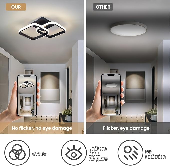 CANEOE 2 Packs Led Ceiling Light Fixture,Modern Hallway Light fixtures Ceiling Lighting,Black Square Close to Ceiling Lights for Bathroom Bedroom Kitchen Balcony Stair