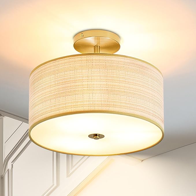 Fabric Semi Flush Mount Lighting Fixture, Modern Semi Chandeliers for Dining Room, Drum Farmhouse Ceiling Lighting Fixture, Brown Fabric Shade 3-Light for Kitchen Island Bedroom Hallway Foyer