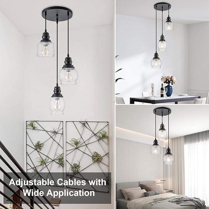 WILON Pendant Light Fixtures, 3 Light Pendant Lighting for Kitchen Island Industrial Hanging Pendant Lighting with Seeded Glass Shade, Black Glass Pendant Light for Dining Room Kitchen Island