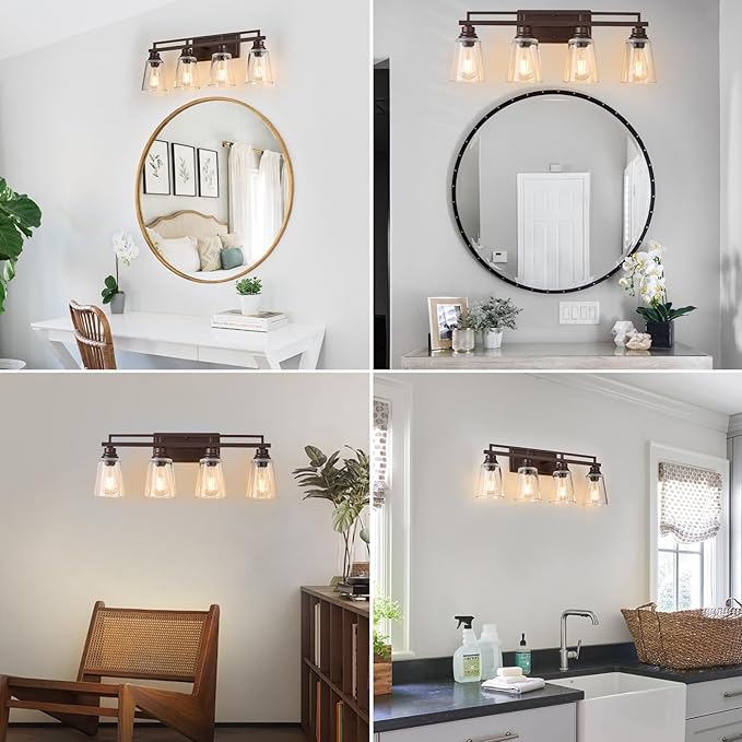 Refice 4-Light Bathroom Vanity Lights, Bathroom Light Fixtures with Clear Glass Shades, Vintage Oil Rubbed Bronze Wall Sconces Over Mirror for Living Room, Farmhouse, Hallway