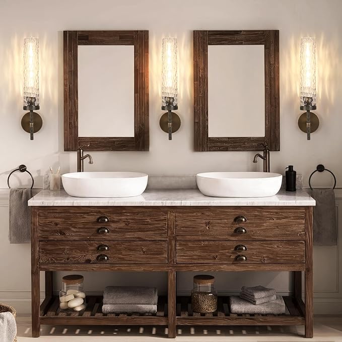 Bronze Wall Sconces Set, 19.5" Brushed Brass Knurled Bathroom Wall Sconces with Water Ripple Glass Shade, Dimmable Indoor Vanity Wall Light Fixtures for Living Room Hallway Bedroom Staircase