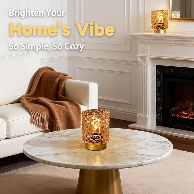Battery Operated Lamp with Timer, Cordless Table Lamps for Shelf Decor, Rhombus Texture Aesthetic Crystal Lamp, Small Decorative Lamps for Bedroom/Bathroom/Kitchen/Entryway/Dorm (2 Pack Yellow)