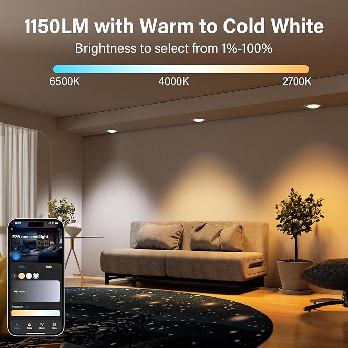 Peteme Smart Led Disk Lights, Smart Flush Mount Ceiling Lights 5/6 Inch, RGBWW Color Changing Dimmable Recessed Light, IC Rated ETL Certified, Compatible with Alexa/Google, Sync to Music,1150LM, 6Pack