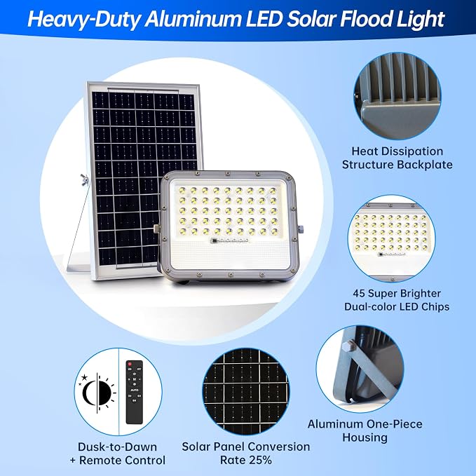 Solar Flood Lights Outdoor Waterproof - 5000 Lumen Dual-color LED Lights Dawn to Dusk,Heavy Duty Aluminum Exterior Security Light with Remote Control,Bright Spot Light for Outside Wall, Patio, Yard