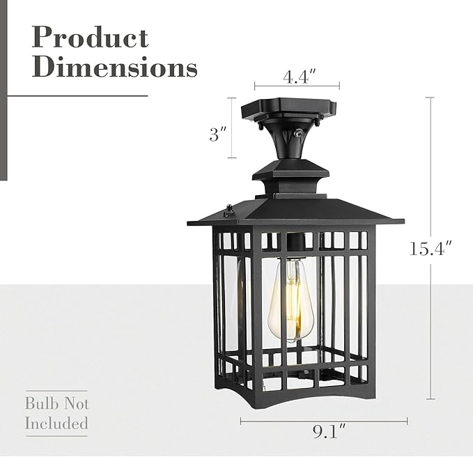 Emliviar Dusk to Dawn Black Semi Flush Mount Ceiling Light for House Entryway, Waterproof 15.4" Outdoor Close to Ceiling Lamp, Clear Glass, 100 Max, XE309F-M-PC BK