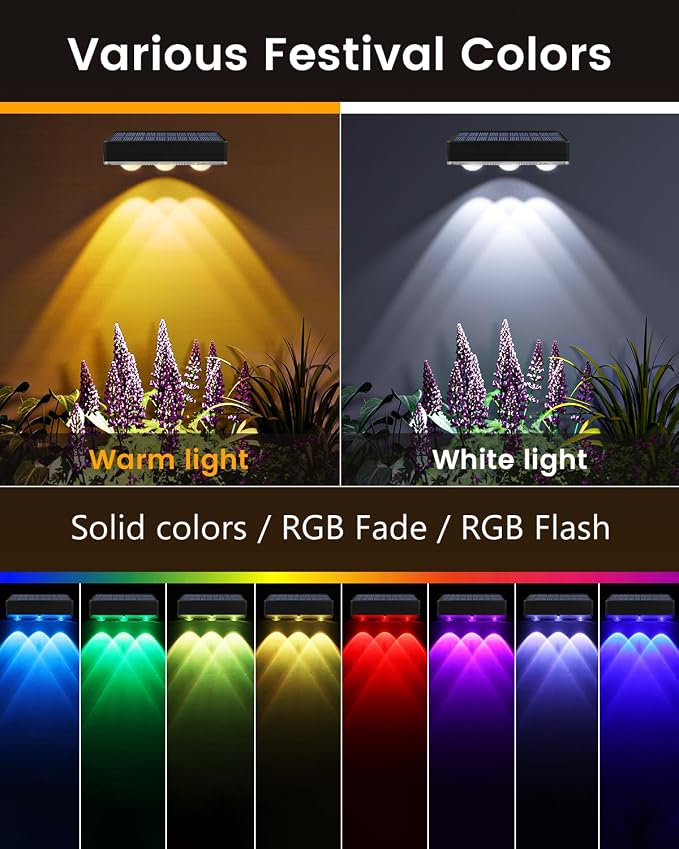 JOFIOS Solar Fence Lights Outdoor Waterproof Led, 8Pack,1300mAh, 6 Inch Solar Lights for Fence with Warm White & RGB 8 Colors, Outdoor Solar Lights for Patio, Backyard, Deck, Fence, Railing (Black)