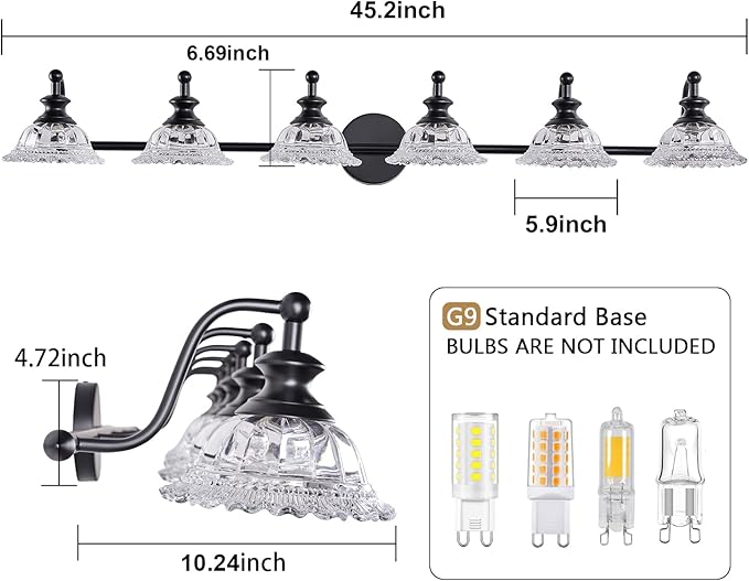 XIEDUN 45" Bathroom Light 6 Light Black Vanity Light Farmhouse Vanity Lights Vanity Lighting Fixtures (Exclude G9 Bulb)