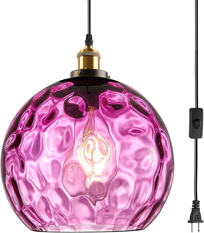 Mid Century Plug in Hanging Light for Living Room, 13.8" Purple Glass Shade Plug in Cord Boho Pendant Lamp for Bedroom Dining Room Kitchen Sink, Large Plug-in Light