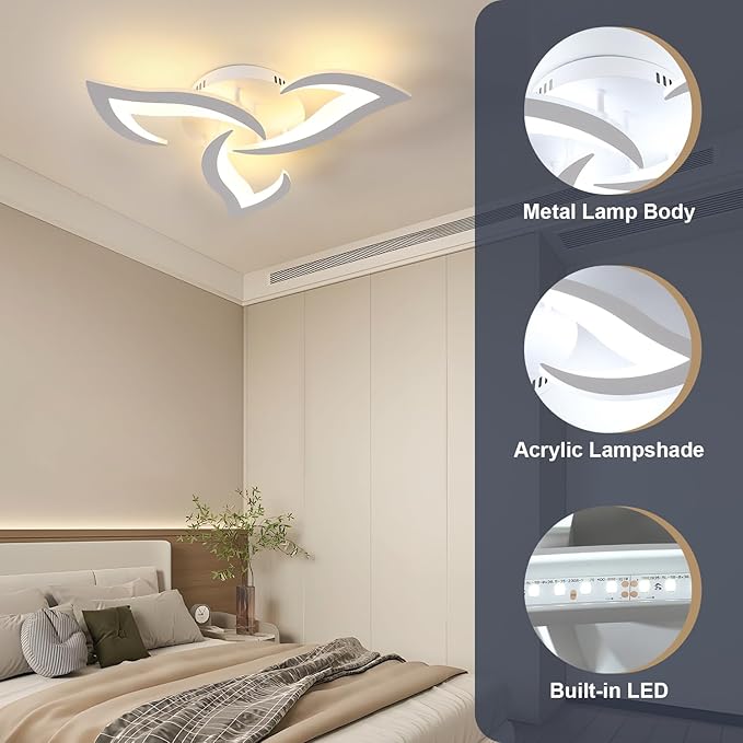 Goeco Modern Ceiling Light, Dimmable Acrylic Ceiling Light with Remote Control (3000K-6500K), 3-Head Flower Shape LED Ceiling Lamp for Living Room, Bedroom, Dining Room, Kitchen
