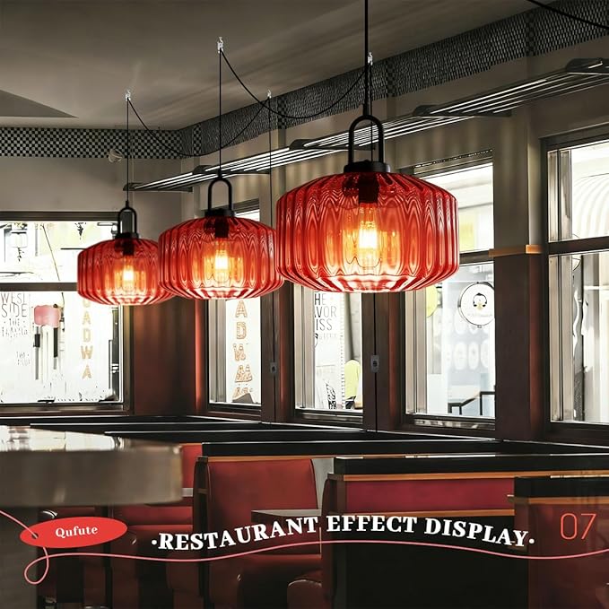 Hanging Plug in Light Mid Century Pendant Light with 11" Red Striped Glass Globe Shade Plug in Pendant Lights for Ceiling Bedroom Vintage Hanging Lamp with 14.7 ft Cord On/Off Switch