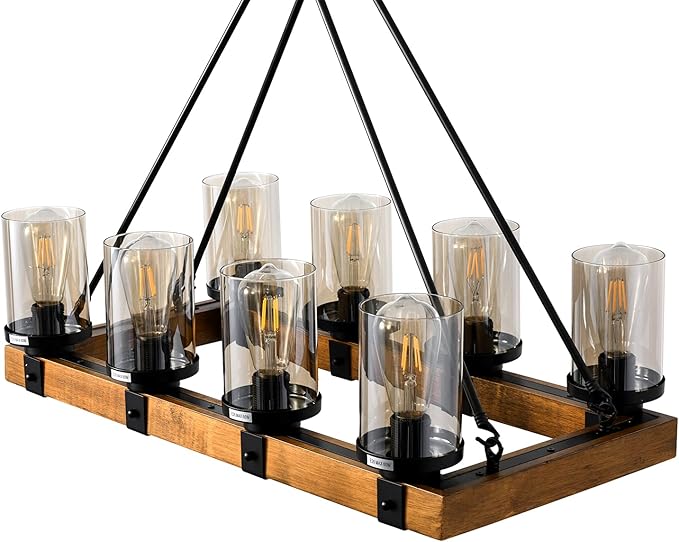 Wooden Vintage Farmhouse Pendant Light Fixture Rectangular Ceiling Light Glass Shade Fixture for Kitchen Dining Room Living Room Balcony Hallway