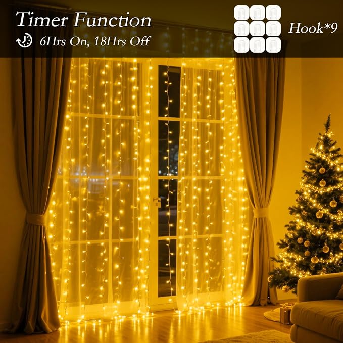 300 LED Warm White Curtain String Lights 9.8x9.8FT, Plug in Fairy Lights with 9 Hooks, Dimmable, Timer & 8 Modes, IP44 Waterproof, Bedroom Wall Wedding Backdrop Christmas Indoor Outdoor Decor
