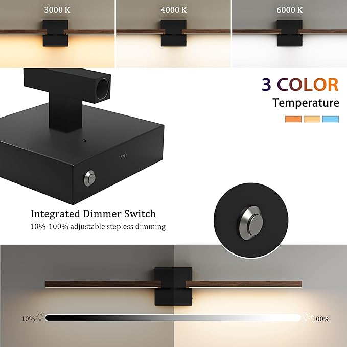 Rayogale 32 Inch Rechargeable Battery Operated Wall Sconce Set 2, 8000mAh Cordless, 3000K/4500K/6000K, Dimmable, Remote, Touch Control, 360° Rotation for Living Room Black Walnut 2 Pack