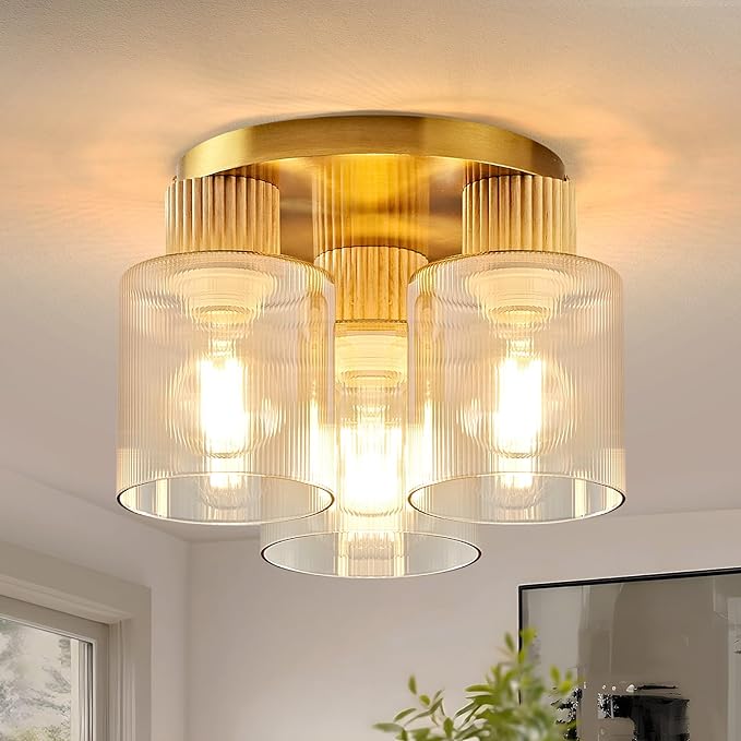 3-Lights Semi Flush Mount Ceiling Light Fixture, Gold Modern Close to Ceiling Light for Kitchen, Foyer, Entryway, Hallway, Dining Room, Amber Gradient Glass Shade with Solid Wood