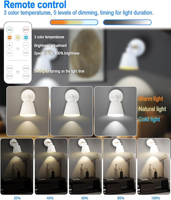 White Battery Operated Wall Sconce Set of Two, Easy to Install Wireless Lights for Wall, Remote Control Dimmable LED Lights, Auto Timer Wall Lamp Fixtures for Bedroom, Gallery, Living Room, RV…