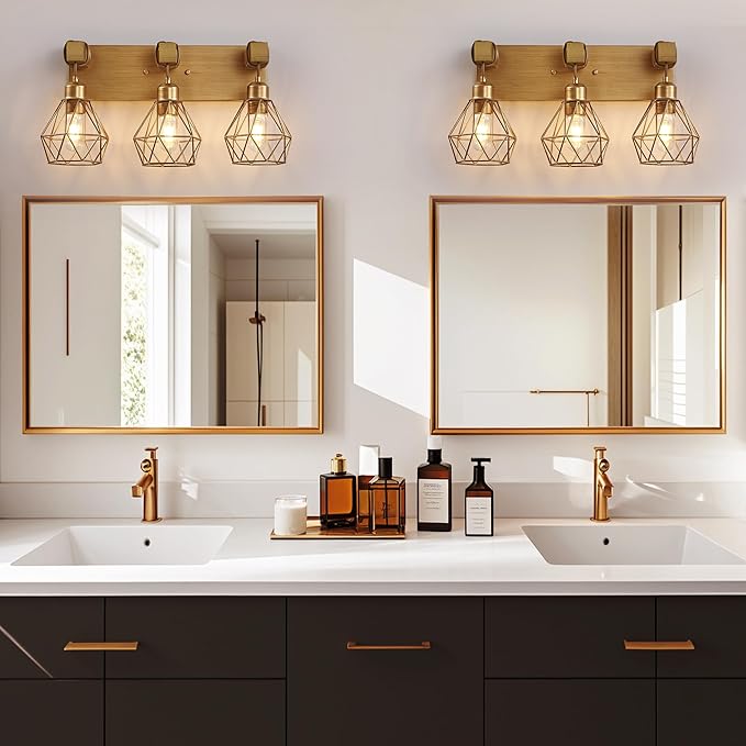 Farmhouse Bathroom Light Fixtures, 3-Light Gold Bathroom Vanity Light, Rustic Matte Antique Brass Finish with Metal Lampshade, Wall Sconces for Bedroom, Living Room, Hallway