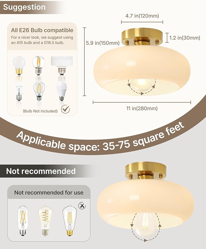 Yunnix Semi Flush Mount Ceiling Light, Milk Glass Light Fixture, Gold Mid-Century Modern Farmhouse Small Light Fixtures for Hallway, Bathroom, Kitchen, Bedroom, Living Room, Closet, Laundry(8.66 Inch)