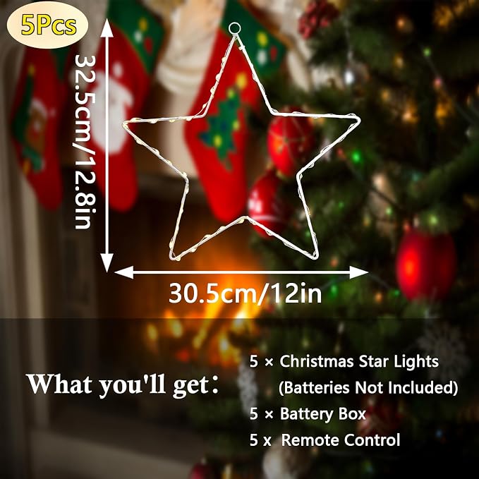 LED Christmas Window Star Decoration - 5 Pack 200 Hanging Star Lights Battery Operated 8 Modes with 5 Remote Controls for Indoor, Outdoor Christmas Window Decorations, Porch, Warm White