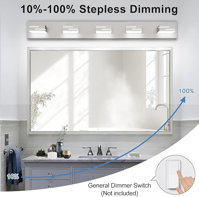 LED Modern Bathroom Vanity Light Fixtures, 5-Light 34-inch Dimmable Brushed Nickel Vanity Lights for Bathroom Lighting Fixtures Over Mirror, with 360° Rotatable Acrylic Heads (Cool White 6000K)