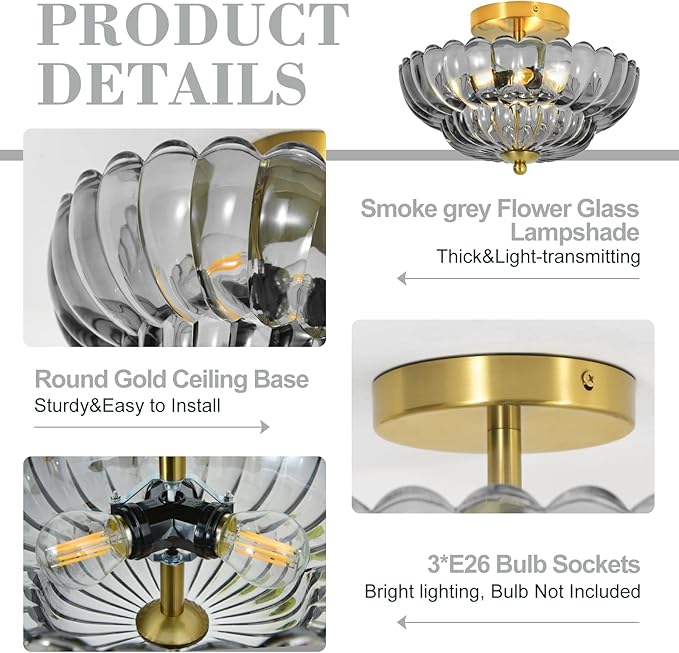11.8 inch Kitchen Ceiling Light, 3-Light Semi Flush Mount Ceiling Lamp with Flower Glass, Modern Close to Ceiling Light Fixtures for Bathroom Bedroom Hallway Entryway, Smoky Grey