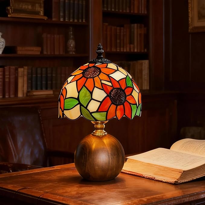 12.2" Handcrafted Sunflower Tiffany Lamp, Solid Wood Sphere Base, Stepless Dimmable Bedside Lamp for Reading Nook, Library & Mid-Century Decor, Aesthetic Antique Art Gifts, G45 LED Bulb Included