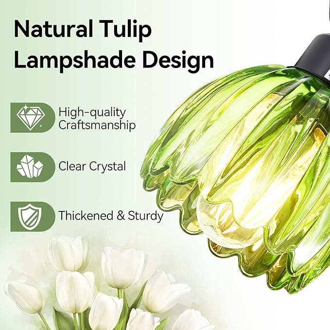 3-Light Black Vanity Lights with Green Tulip Glass Shade, Bathroom Lighting Fixture Over Mirror, Vintage Vanity Wall Sconce Lamp for Kitchen Living Room Hallway