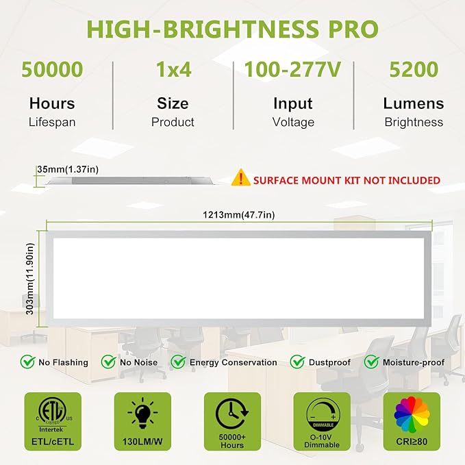 2 Pack 1x4 LED Flat Panel Light Surface Mount Drop Ceiling Light Fixture, 5200LM, 5CCT LED Drop Ceiling Office Light, 40W/35W/30W/25W/20W Selectable,6500K/5000K/4000K/3500K/3000K,Dimmable 0-10V,ETL