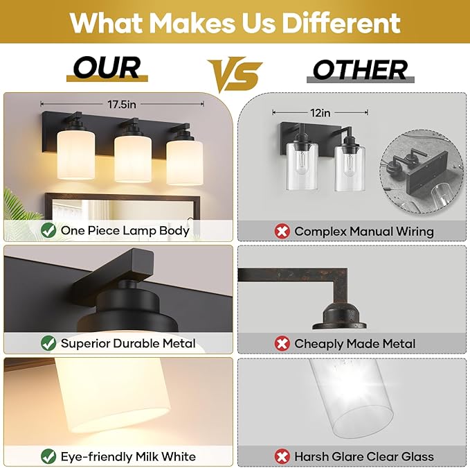 Bathroom Vanity Light Fixture, 3-Light Matte Black Bathroom Light Fixtures Over Mirror with Milky White Glass Shades, Modern Vanity Lights for Bathroom Living Room Hallway (Bulbs Not Included)