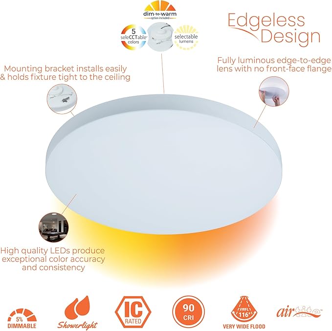 HALO SMX 18-Inch Edgeless Surface Mount LED Downlight w/Selectable Lumens, Color Temperatures, Dimming - Round - SMX18RLSFSD2W