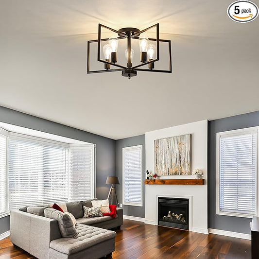 5-Light Black Semi-Flush Mount Ceiling Chandeliers, Geometric Five-Pointed Star Shape Industrial Metal Lighting Fixture for Foyer Entryway Hallway Living Room Modern Farmhouse Kitchen Island
