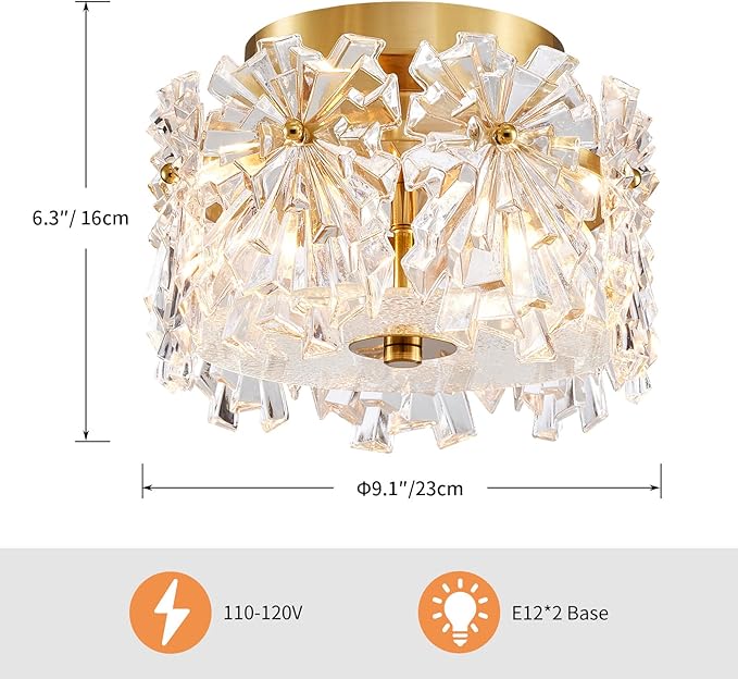 AGV LIGHTING Flush Mount Ceiling Light Fixture, Modern Gold Crystal Ceiling Light Fixture, D9 x H5, Shield Shaped Glass Shade