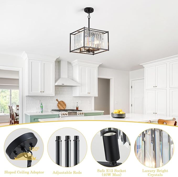 Square Small Crystal Chandeliers for Dining Room, 4-Light Black Pendant Ceiling Light Fixture 13" Mini Modern Farmhouse Adjustable Hanging Lamps for Bedroom Entryway Hallway
