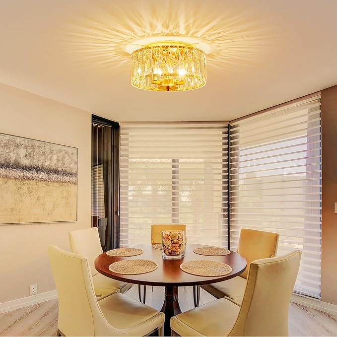 Crystal Ceiling Light, 3-Light Modern Flushmount Ceiling Light for Living Room, Dinning Room Hallway, D12xH9inch, Gold Finish Frame & K9 Crystal