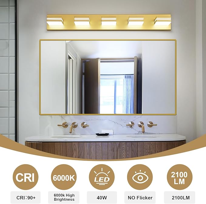 Modern LED Bathroom Lights Fixtures 5-Light,Metal Gold Acrylic Wall Lighting,Vanity Lights for Bathroom Over Mirror 6000k 34in