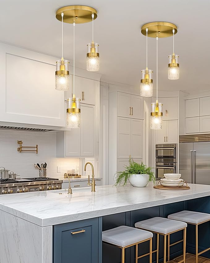 LMS 3-Light Pendant Light Fixtures, Brushed Gold Farmhouse Kitchen Island Light, Industrial Adjustable Hanging Pendant Lighting, Cluster Chandeliers, LMS-189