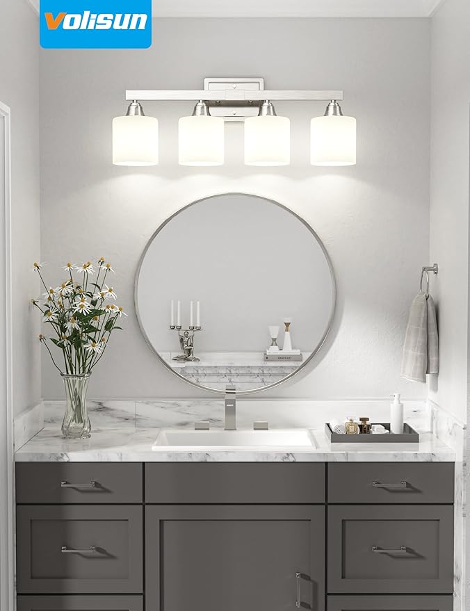 VOLISUN Brushed Nickel Bathroom Light Fixtures, 4-Light Bathroom Vanity Lights Over Mirror, Modern Vanity Light for Bathrooms, Bathrooms Lights Fixtures Over Mirror with Milky White Glass Shades