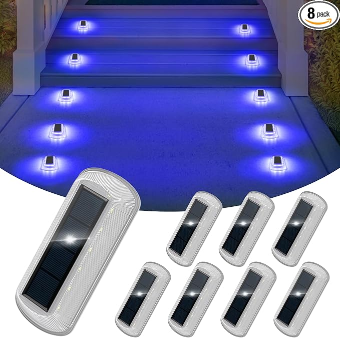 T-SUN Solar Deck Lights Outdoor Waterproof, Deck Lights Solar Powered, Driveway Marker Light for Fence Front Door, Step, Stair, Garden, Sidewalk, Pathway, Dock Porch, Backyard (Blue, 8 Packs)