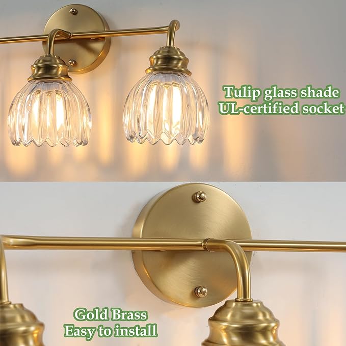 3 Light Vintage Bathroom Light Fixtures, Gold Bathroom Vanity Light, Brass Finish with Clear Tulip Glass Shade, Wall Lighting for Bedroom, Living Room, Hallway,E26 Base