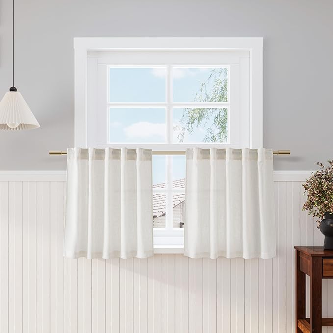 Nanspring Cafe Linen Curtains 24 Inch Length for Kitchen Windows Over Sink, Cream Natural Semi Sheer Light Filtering Back Tab and Rod Pocket Drapes for Small Window 34 x 24 Inch,2 Panels